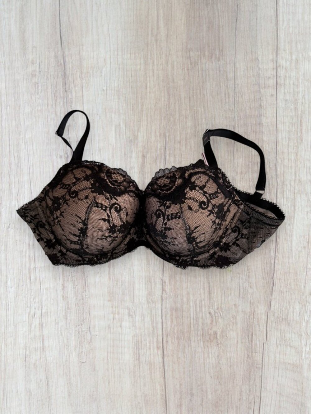 Victoria’s Secret 38D Dream Angels Lace Bra Black Nude Lined Demi Underwire